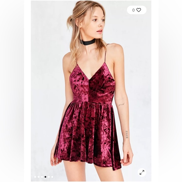 UO Maroon Velvet Romper- Kimchi Blue Vanessa Crushed Velvet Fit + Flare Romper - Picture 1 of 13